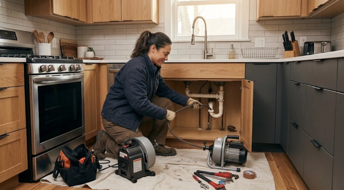 Plumbing technician servicing kitchen sink drain trap and clearing branch waste piping