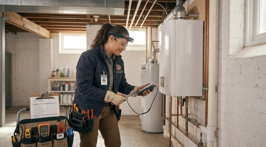 Licensed heating technician diagnosing a residential hydronic gas boiler system in Great Kills Staten Island