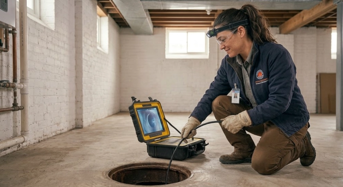High-resolution sewer camera inspection screen displaying underground pipe diagnostics