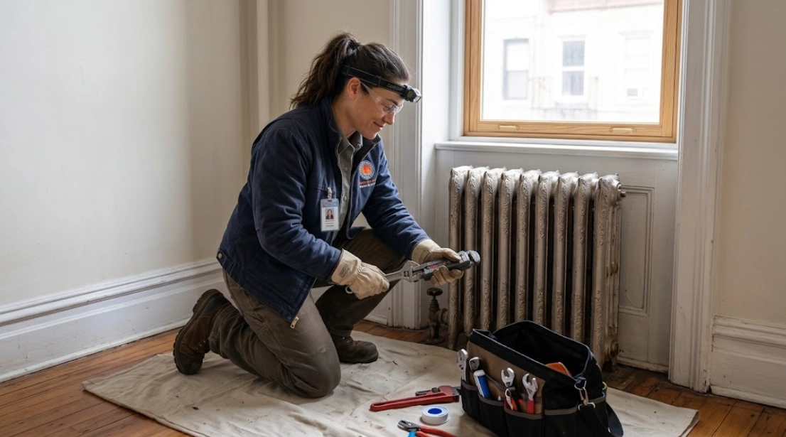 Plumber repairing a brass steam radiator supply valve and air vent in Great Kills Staten Island