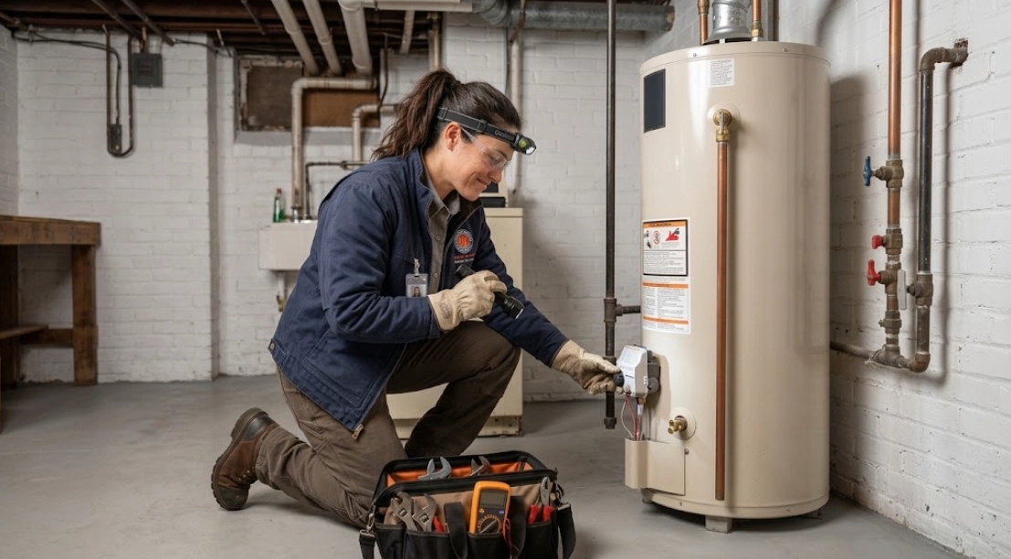 Plumber testing a gas water heater burner and temperature pressure relief valve in Great Kills Staten Island